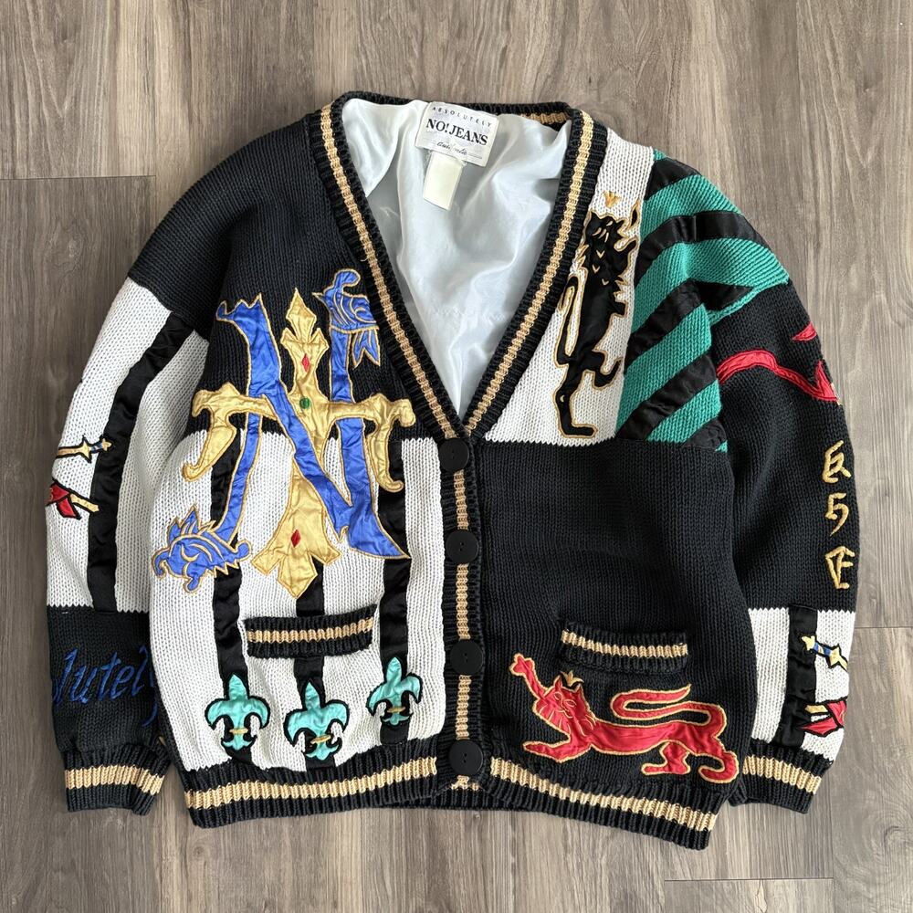 Vintage Absolutely No Jeans Cardigan Women's One Size Royalty Crest Patchwork
